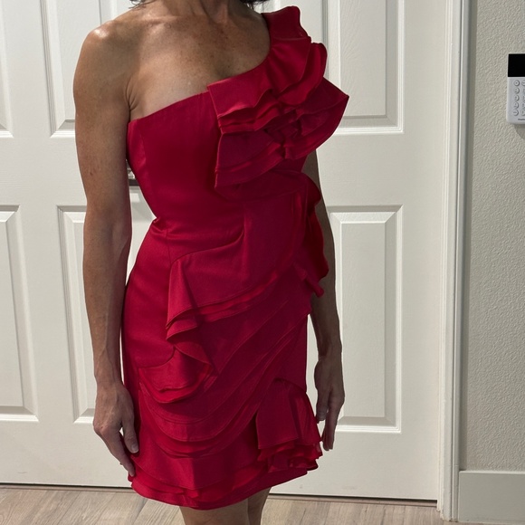 BCBGMaxAzria "Jonesy" One-shoulder Ruffled Mini Dress - Ruby Red Size 4 - Picture 3 of 16